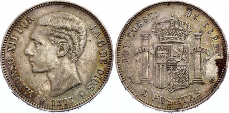 Spain 5 Pesetas 1877 (1877)
KM# 676; Silver; Alfonso XII; 2nd portrait