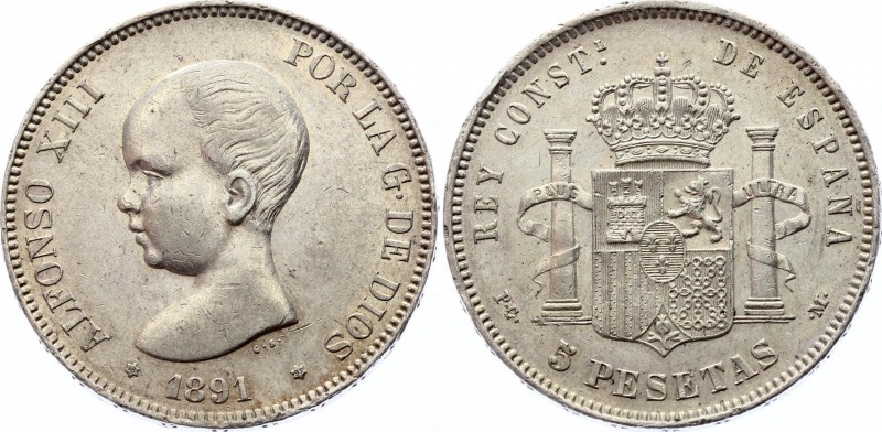 Spain 5 Pesetas 1891 (1891) PGM
KM# 689; Silver; Alfonso XIII (1st portrait); A...