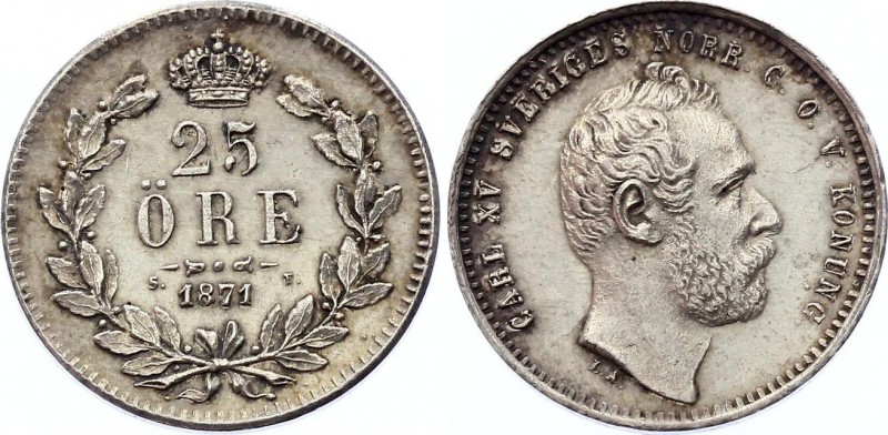 Sweden 25 Ore 1871 ST
KM# 712; Silver; Carl XV