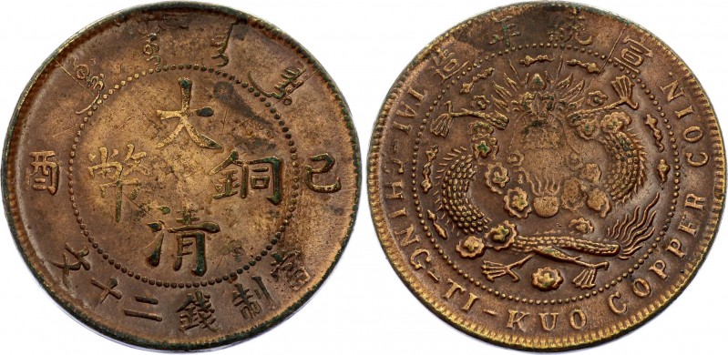 China 20 Cash 1909
Y# 21.3 (without dot, rosette under dragon); Copper 11.04g