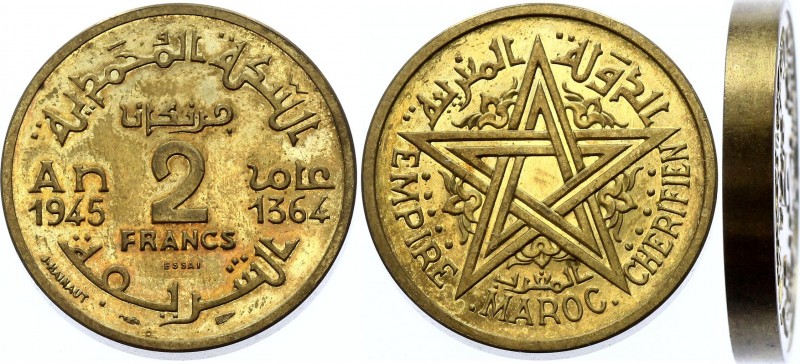 Morocco 2 Francs 1945 AH 1364 Essai Piedfort Super Rare!
KM# PE5; Mohammed V; M...