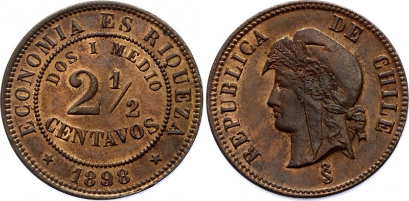 Chile 2-1/2 Centavos 1898 So Overdate
KM# 150; UNC With Mint Luster