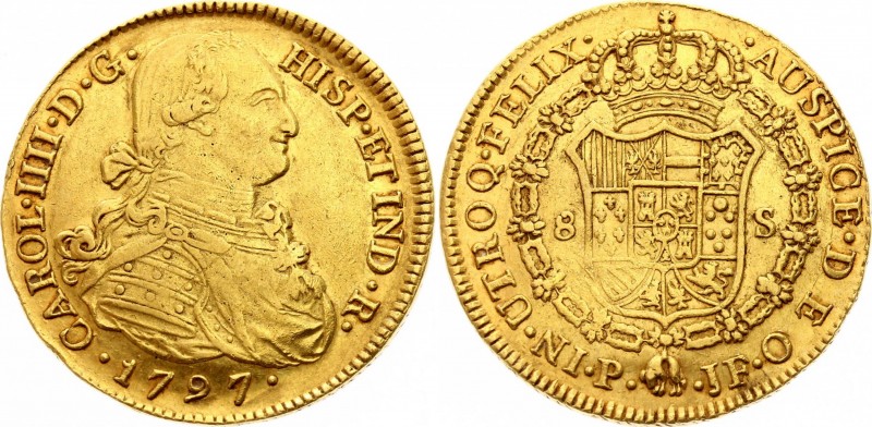 Colombia 8 Escudos 1797 P SF
KM# 62.2; Carlos IV. Gold (.875), XF-AUNC.