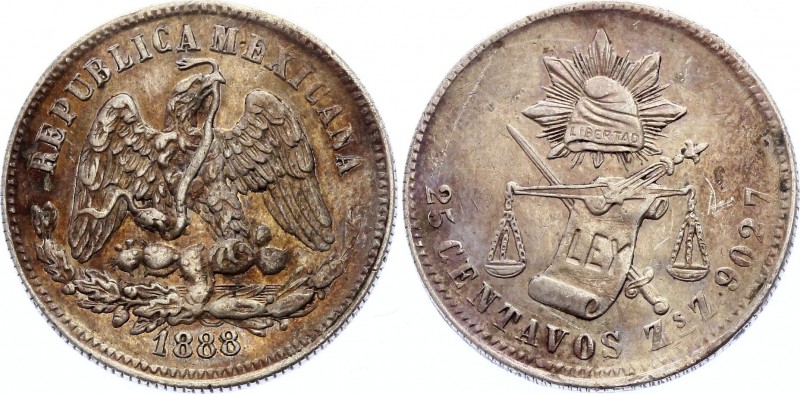 Mexico 25 Centavos 1888 Zs Z
KM# 406.9; Silver; Nice Golden Toning