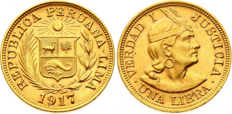 Peru 1 Libra 1917
KM# 207; Gold (.917), 7.99g. UNC.