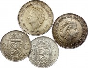 Netherlands Lot of 4 Coins 1960 - 1970
2-1/2 & 10 Gulden 1960 - 1970; Silver; Juliana