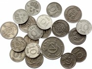Sweden Lot of 20 Coins 1929 - 1947
10 25 & 50 Ore 1929 - 1947; With Silver