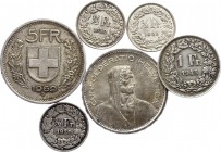 Switzerland Lot of 6 Coins 1920 - 1969
1/2 1 & 5 Francs 1920 - 1969; Silver