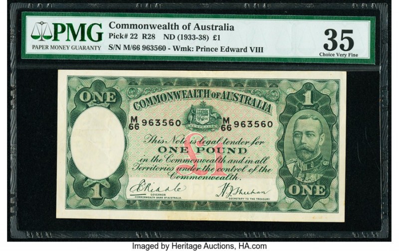 Australia Commonwealth Bank of Australia 1 Pound ND (1933-38) Pick 22 R28 PMG Ch...