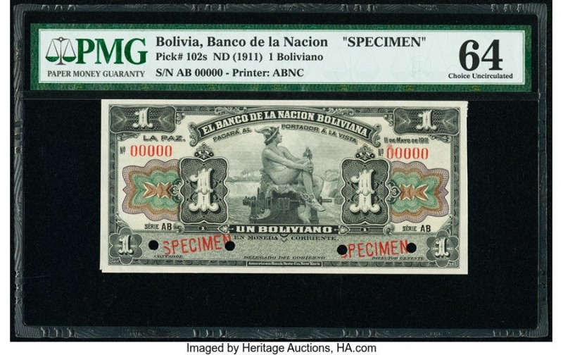 Bolivia Banco de la Nacion Boliviana 1 Boliviano ND (1911) Pick 102s Specimen PM...