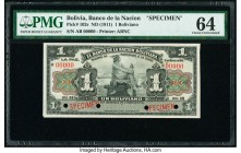 Bolivia Banco de la Nacion Boliviana 1 Boliviano ND (1911) Pick 102s Specimen PMG Choice Uncirculated 64. Four POCs; Specimen.

HID09801242017

© 2020...