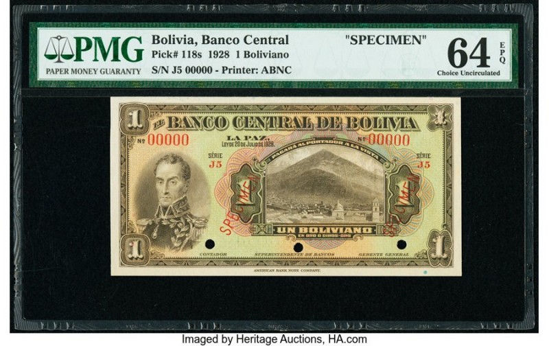 Bolivia Banco Central 1 Boliviano 1928 Pick 118s Specimen PMG Choice Uncirculate...