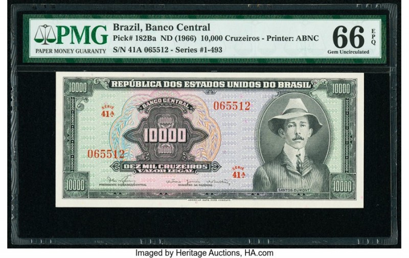 Brazil Banco Central Do Brasil 10,000 Cruzeiros ND (1966) Pick 182Ba PMG Gem Unc...