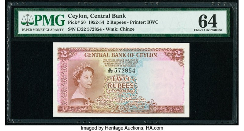 Ceylon Central Bank of Ceylon 2 Rupees 1952-54 Pick 50 PMG Choice Uncirculated 6...