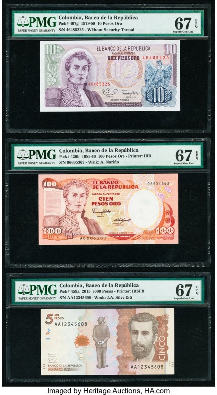 Colombia Banco de la Republica 10; 100 Pesos Oro; 5000; 10,000 (3) Pesos 7.8.198...