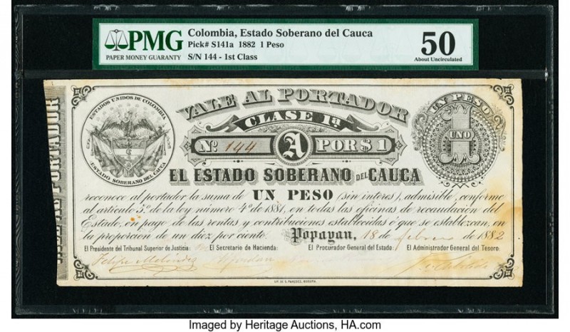 Colombia Billete del Estado 1 Peso 18.2.1882 Pick S141a PMG About Uncirculated 5...