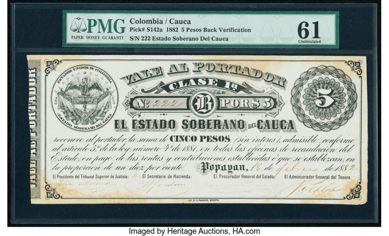 Colombia Billete del Estado 5 Pesos 1882 Pick S142a PMG Uncirculated 61. Hand si...