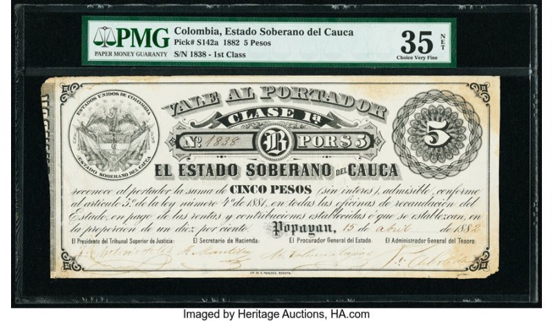 Colombia Billete del Estado 5 Pesos 15.4.1882 Pick S142a PMG Choice Very Fine 35...