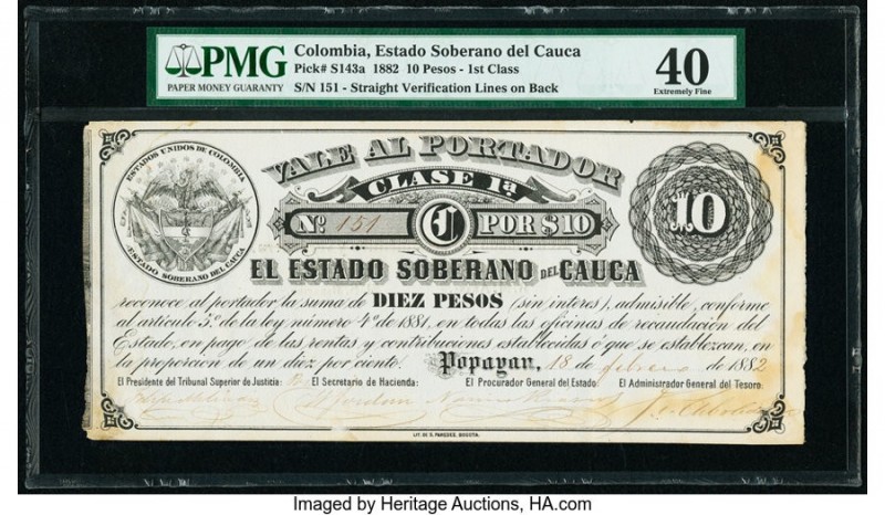 Colombia Billete del Estado 10 Pesos 18.2.1882 Pick S143a PMG Extremely Fine 40....