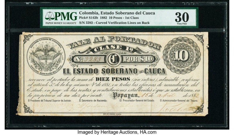 Colombia Billete del Estado 10 Pesos 15.4.1882 Pick S143b PMG Very Fine 30. Mino...