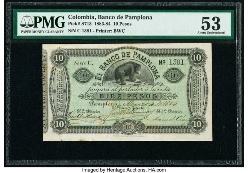 Colombia Banco de Pamplona 10 Pesos 1884 Pick S713 PMG About Uncirculated 53. 

...