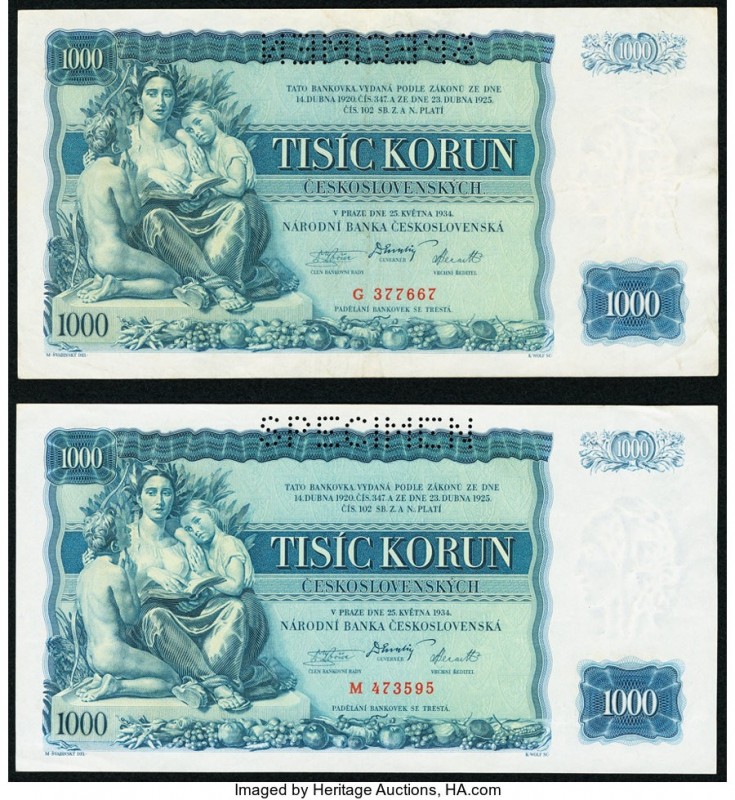 Czechoslovakia Czechoslovak National Bank 1000 Korun 25.5.1934 Pick 26s Four Spe...