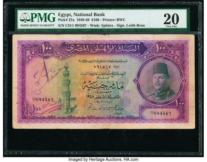 Egypt National Bank of Egypt 100 Pounds 1948-50 Pick 27a PMG Very Fine 20. Annot...