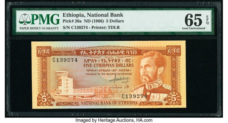 Ethiopia National Bank of Ethiopia 5 Dollars ND (1996) Pick 26a PMG Gem Uncircul...