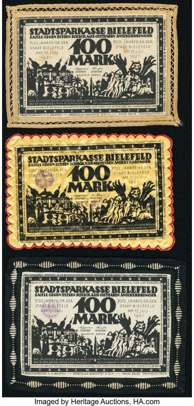 Germany Notgeld 100 Mark 15.7.1921 Three Cloth Examples Crisp Uncirculated. 

HI...