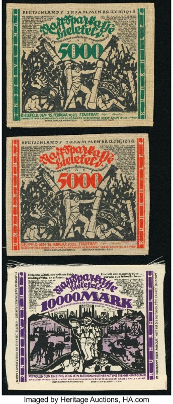Germany Notgeld 5,000 (2); 10,000 Mark 15.2.1923 Cloth Examples Crisp Uncirculat...