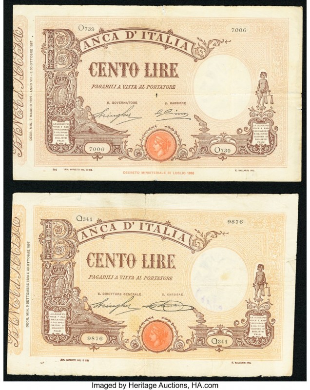 Italy Banca d'Italia 100 Lira 9.9.1920 Pick 39f; 7.3.1929 Pick 48b Fine-Very Fin...
