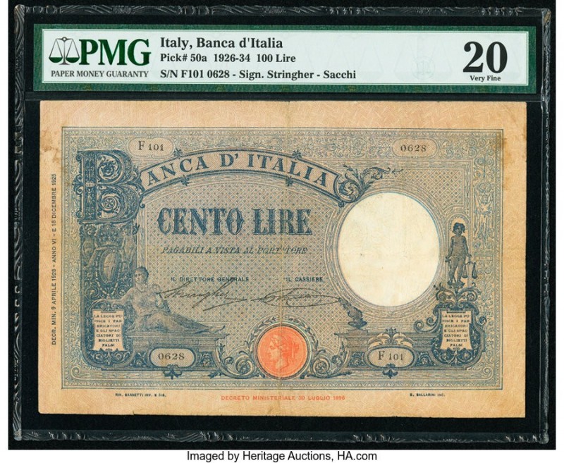 Italy Banca d'Italia 100 Lire 1926-34 Pick 50a PMG Very Fine 20. Stains.

HID098...