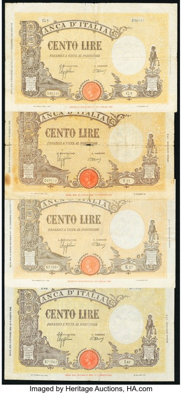 Italy Banca d'Italia 100 Lira 1942-43 Pick 67a Four Examples Fine or Better. Edg...