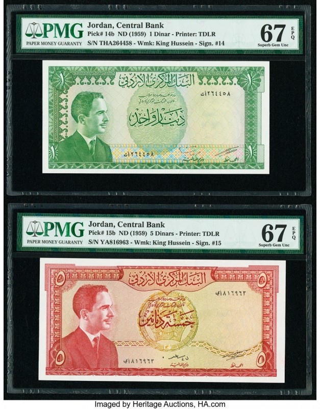 Jordan Central Bank 1; 5 Dinars ND (1959) Pick 14b; 15b Two Examples PMG Superb ...