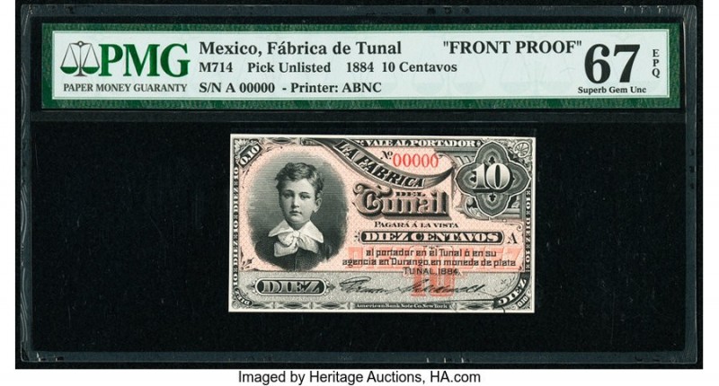 Mexico Fabrica de Tunal 10 Centavos 1884 Pick UNL Front Proof PMG Superb Gem Unc...