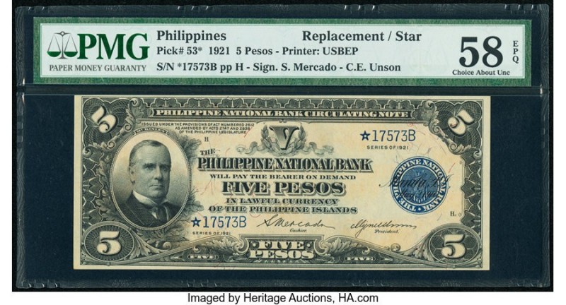 Philippines Philippine National Bank 5 Pesos 1921 Pick 53* Replacement PMG Choic...