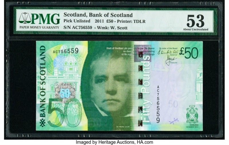 Scotland Bank of Scotland 50 Pound 1.8.2011 Pick UNL PMG About Uncirculated 53. ...