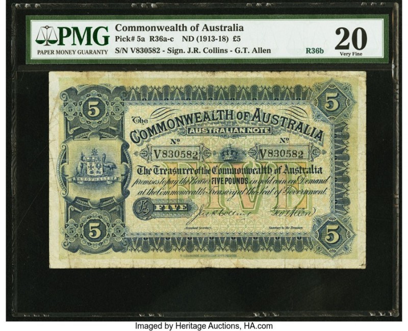 Australia Commonwealth of Australia 5 Pounds ND (1913-18) Pick 5a R36b PMG Very ...