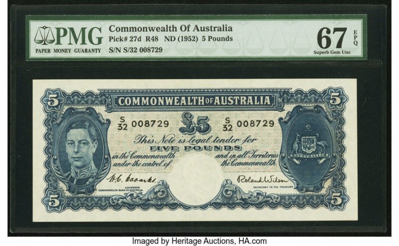 Australia Commonwealth of Australia 5 Pounds ND (1952) Pick 27d R48 PMG Superb G...