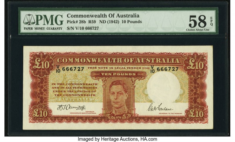 Australia Commonwealth of Australia 10 Pounds ND (1942) Pick 28b R59 PMG Choice ...