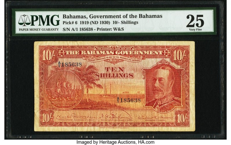 Bahamas Bahamas Government 10 Shillings 1919 (ND 1930) Pick 6 PMG Very Fine 25. ...