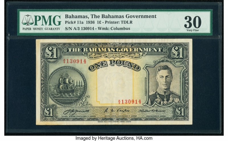 Bahamas Bahamas Government 1 Pound 1936 Pick 11a PMG Very Fine 30. A lightly cir...