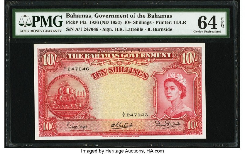 Bahamas Bahamas Government 10 Shillings 1936 (ND 1953) Pick 14a PMG Choice Uncir...