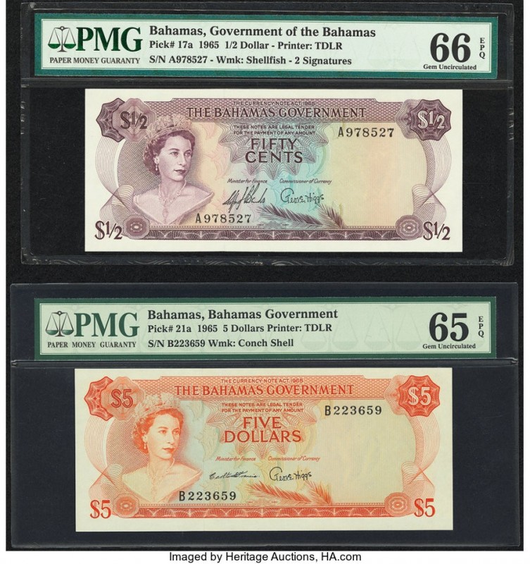Bahamas Bahamas Government 1/2; 5 Dollars 1965 Pick 17a; 21a Two Examples PMG Ge...