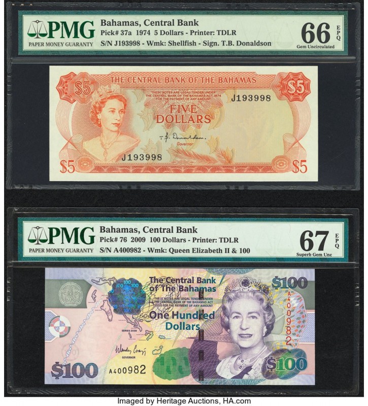 Bahamas Central Bank 5; 100 Dollars 1974; 2009 Pick 37a; 76 Two Examples PMG Gem...