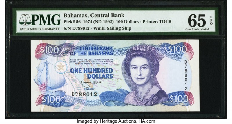 Bahamas Central Bank 100 Dollars 1974 (ND 1992) Pick 56 PMG Gem Uncirculated 65 ...
