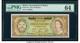 Belize Government of Belize 20 Dollars 1.1.1976 Pick 37c PMG Choice Uncirculated 64. A delightful E/1 prefix is seen on this high denomination issue f...