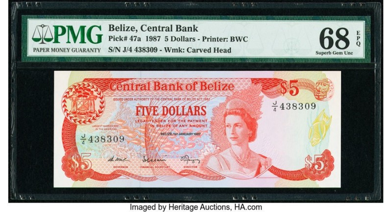 Belize Central Bank 5 Dollars 1.1.1987 Pick 47a PMG Superb Gem Unc 68 EPQ. A gor...