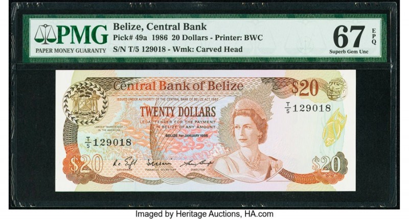 Belize Central Bank 20 Dollars 1.1.1986 Pick 49a PMG Superb Gem Unc 67 EPQ. This...