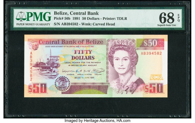 Belize Central Bank 50 Dollars 1.6.1991 Pick 56b PMG Superb Gem Unc 68 EPQ. An u...